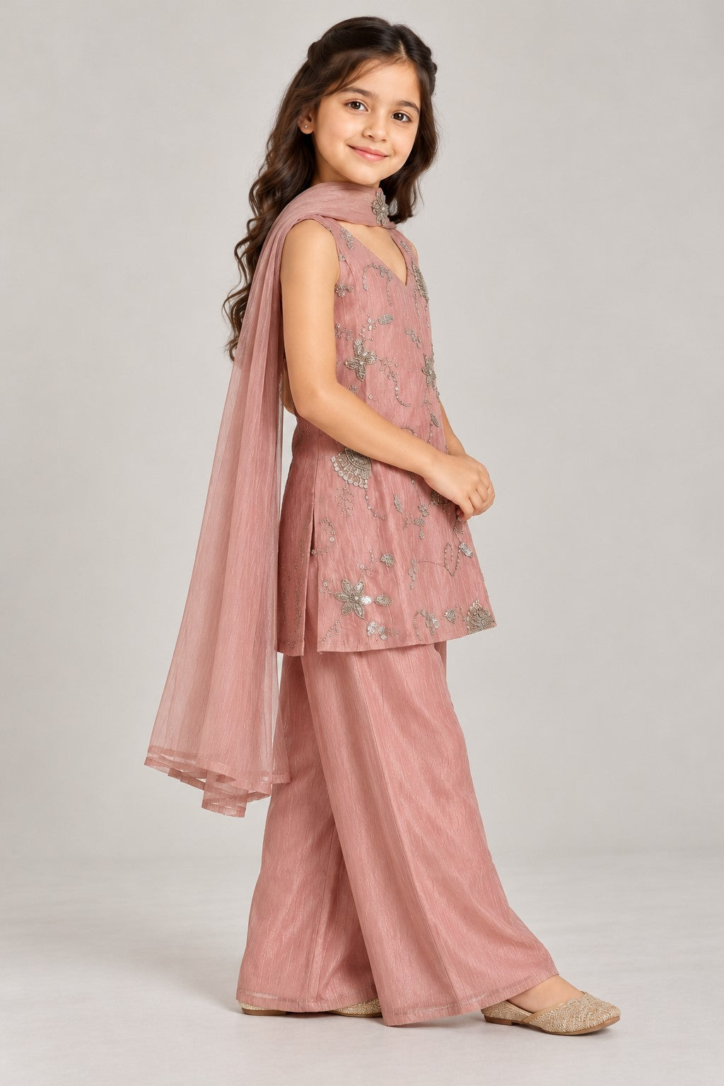 Piccolo Tissue Embroidered Kurta, Pant & Dupatta Set-Peach