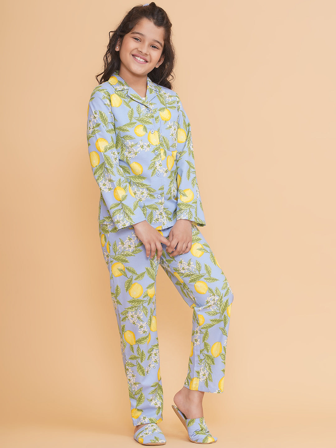 Girls Floral Blue Shirt And Pyjamas With Flip Flops