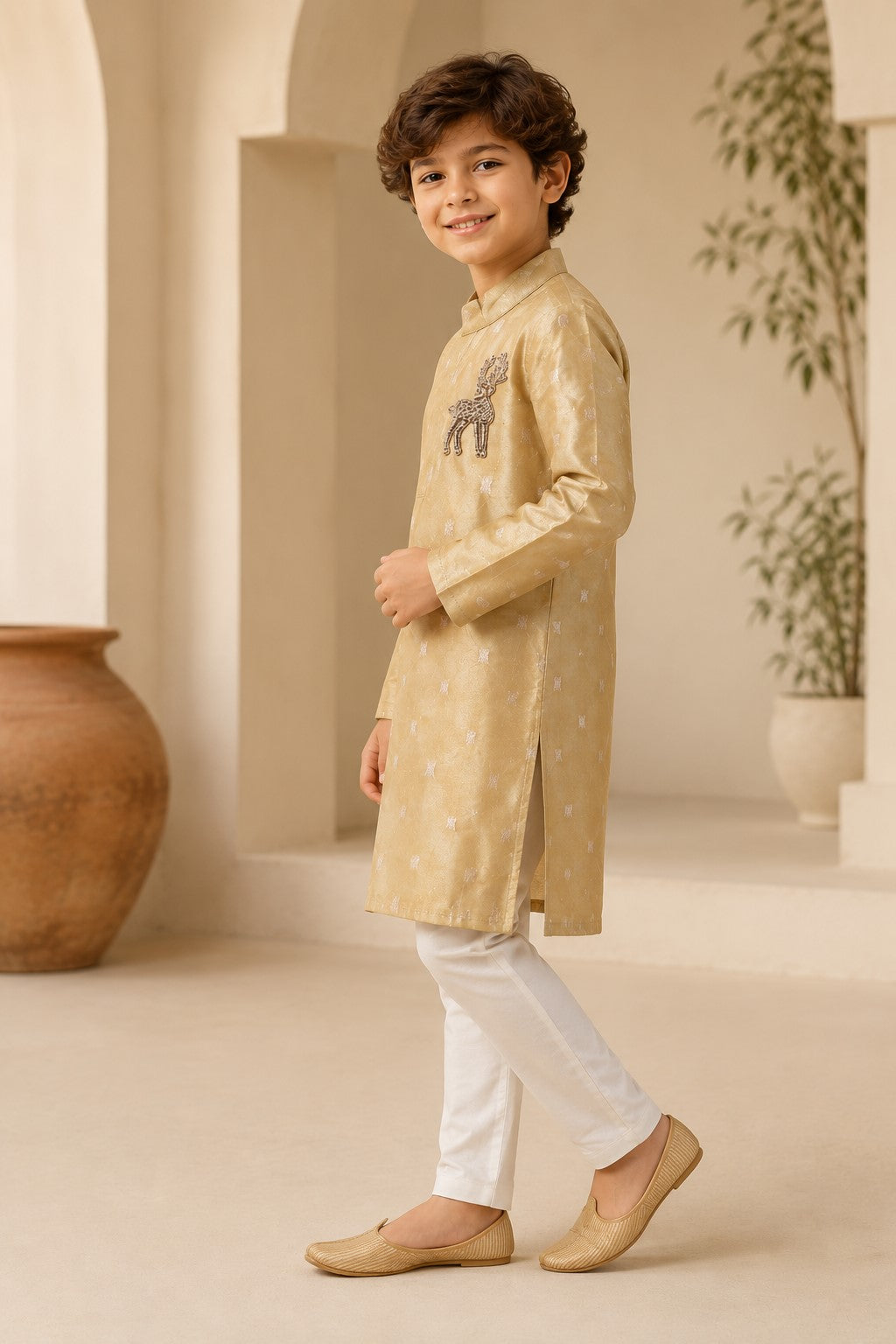 Piccolo Banarasi Silk Zari work Kurta With Applique & Pyjama Set – Golden