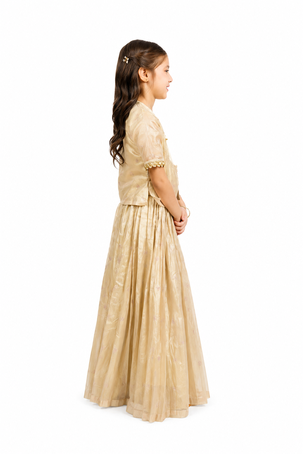 Piccolo Banarasi Silk Lehenga with Embellished Kachli & Appliqué Top-Golden