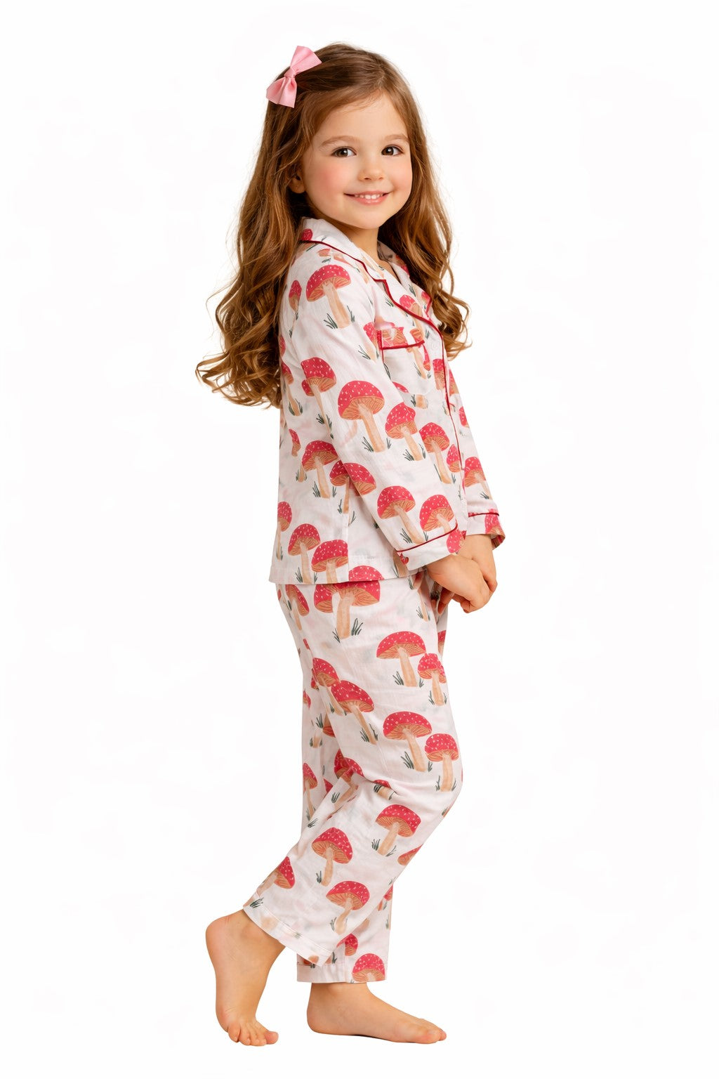 White Mushroom Print Pure Cotton Night Suit Set for Girls (Shirt & Pyjama)