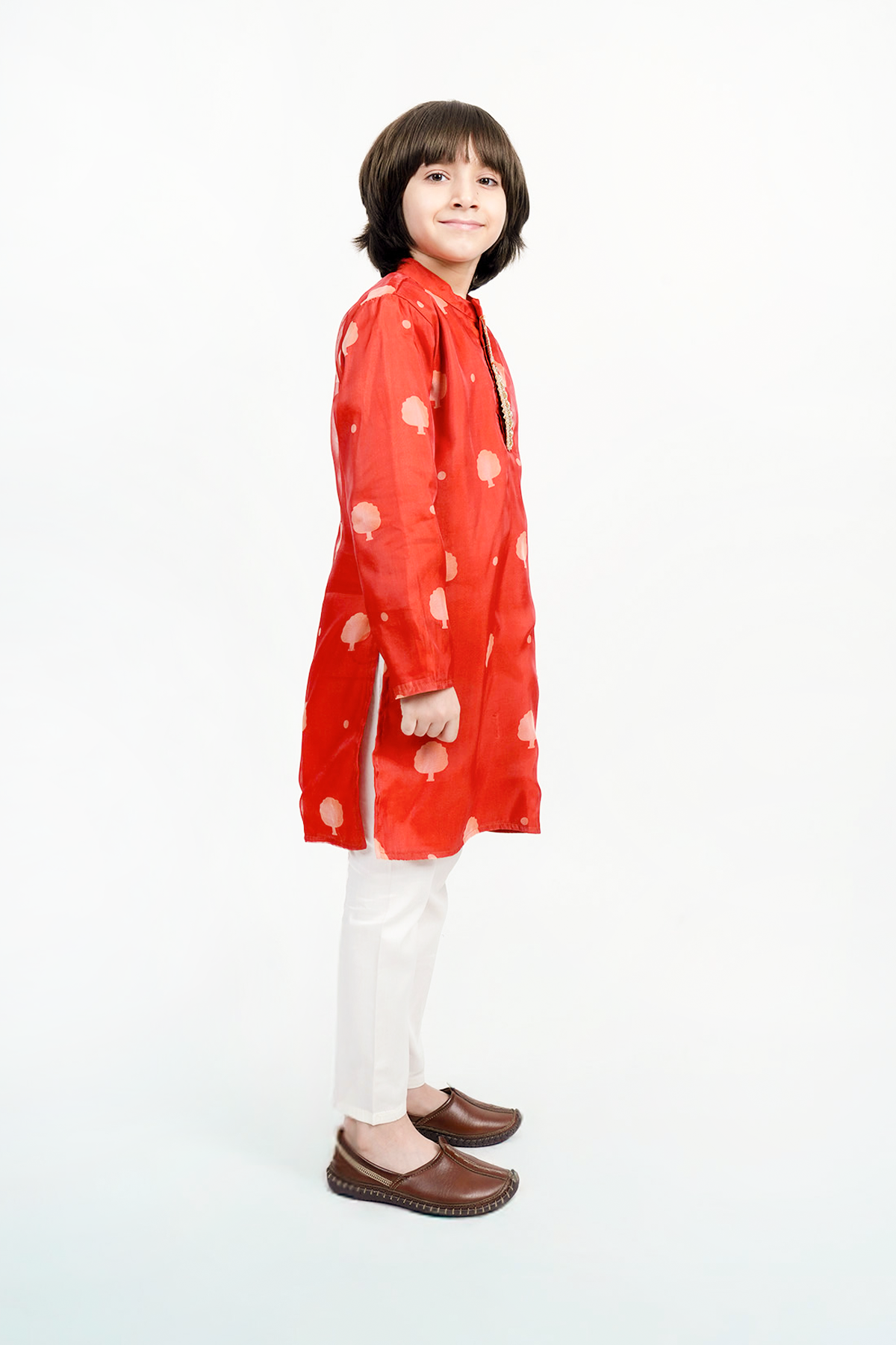 Piccolo Boys Organza Tree Motif Kurta and White Payjama Set-Orange