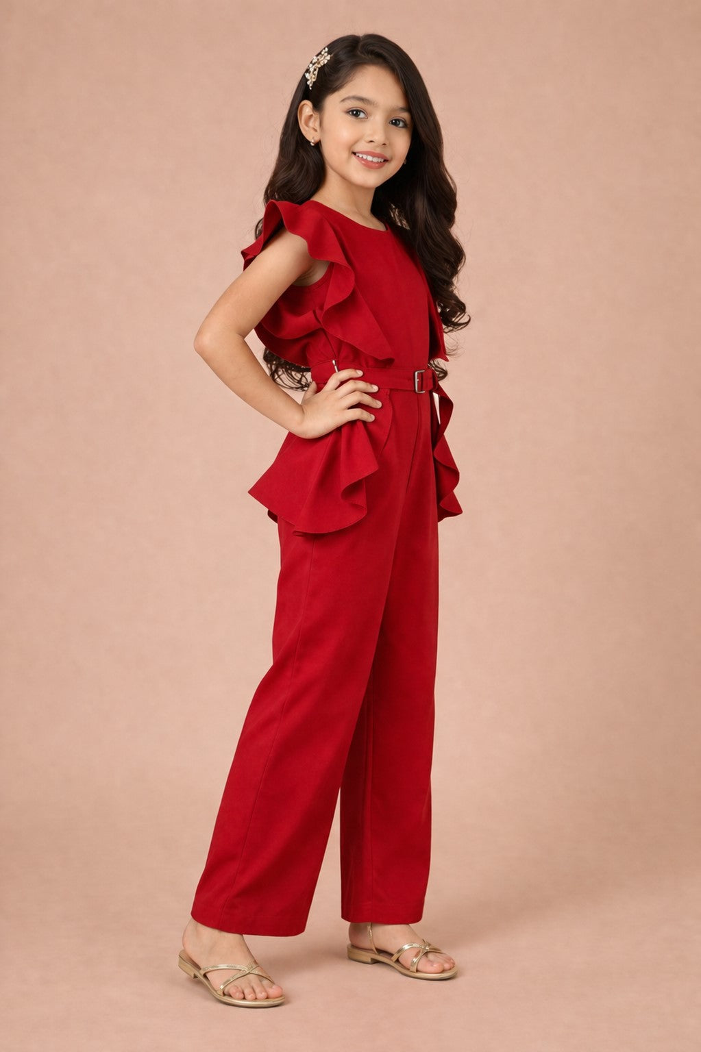 Piccolo Ruffle-Sleeve Belted Jumpsuit – Red
