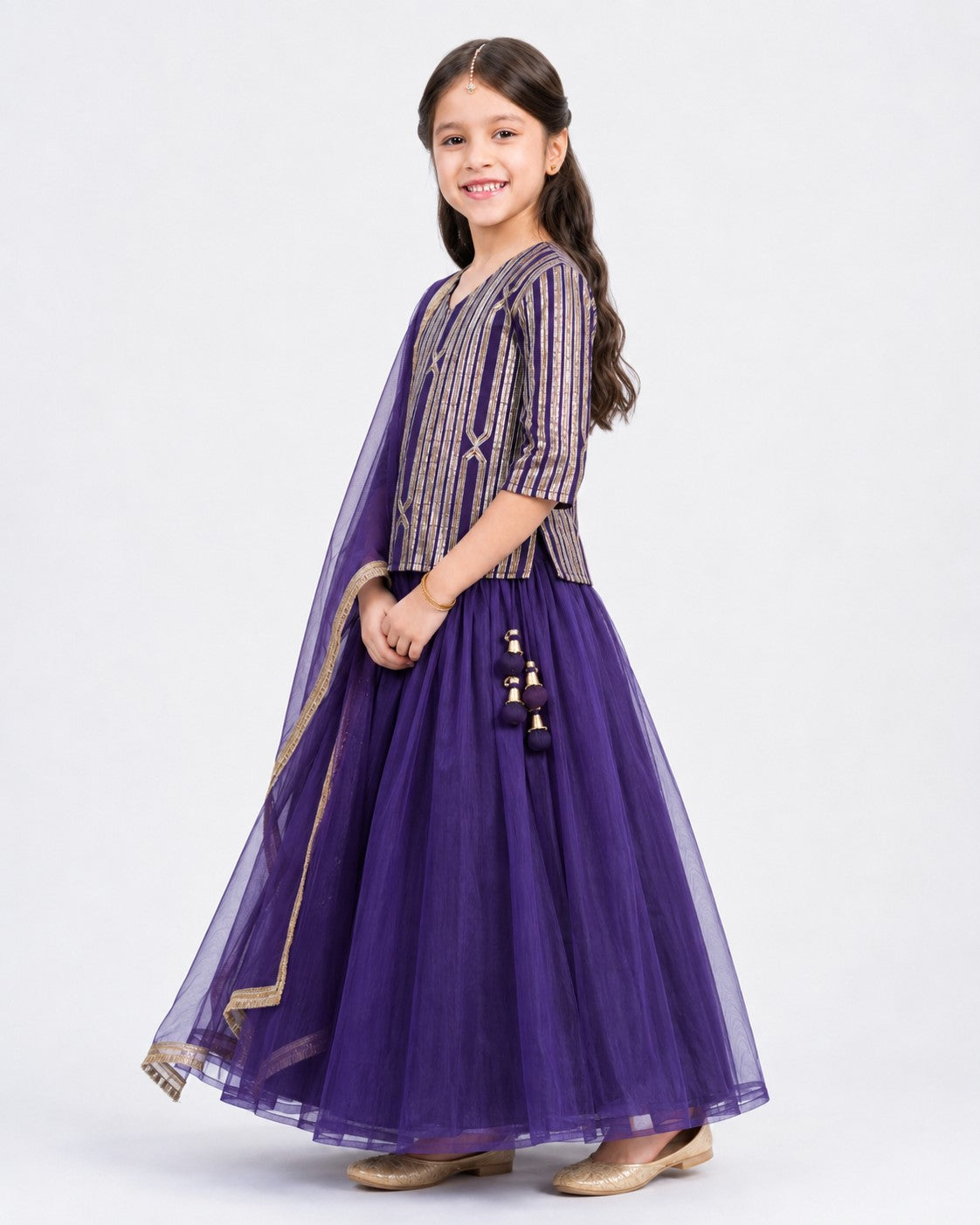 Piccolo Gota Stripe Short Kurta, Organza Lehenga & Dupatta Set-Purple