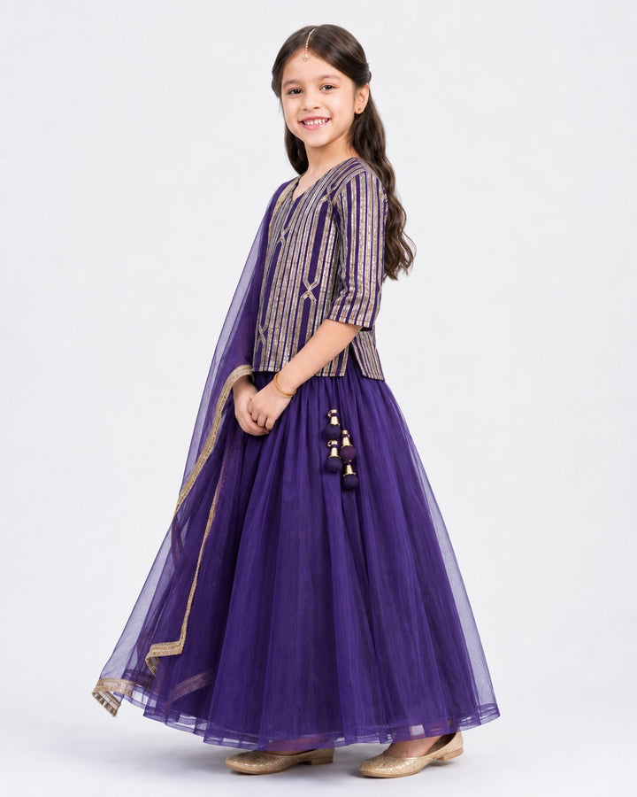 Piccolo Gota Stripe Short Kurta, Organza Lehenga & Dupatta Set-Purple