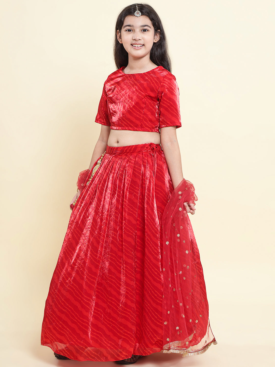 PICCOLO- Tissue Leheriya Printed Lehenga Choli with Embellished Net Dupatta-Red