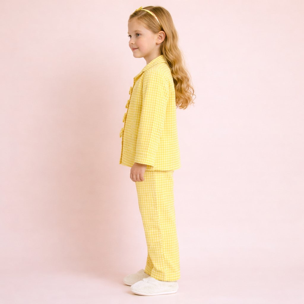 Piccolo Girls Seersucker Checkered Night Suit with Bow Applique-Yellow