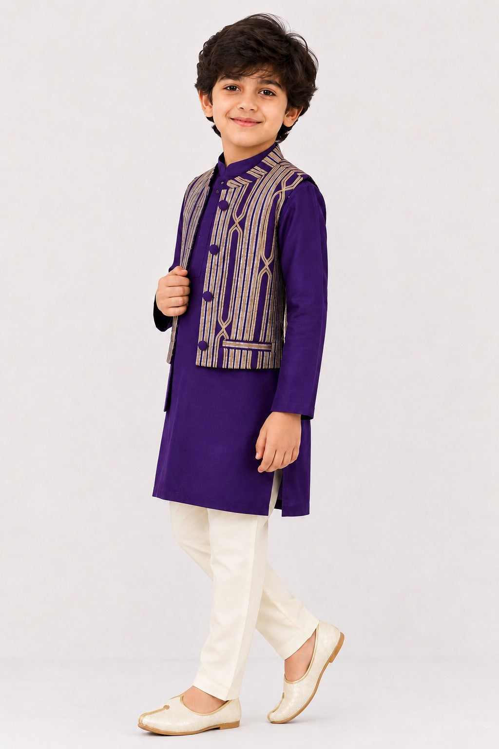 Piccolo Embellished Silk Jacket, Kurta & Pyjama Set – Purple