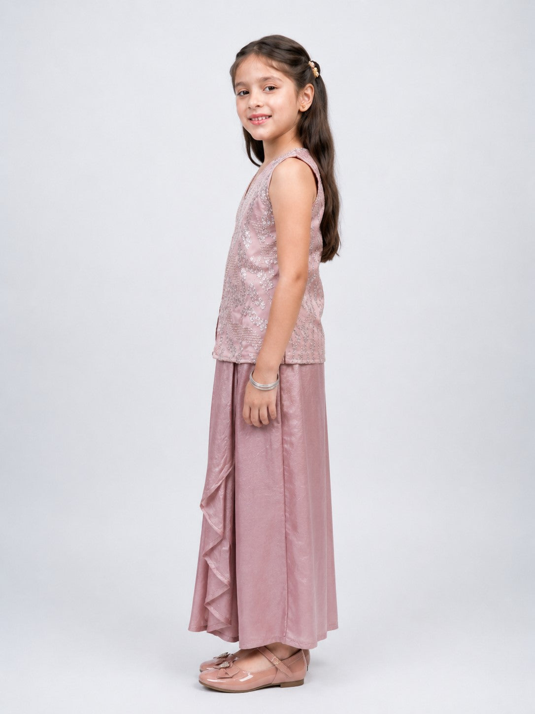 Piccolo Sequin-Embellished Top & Draped Skirt Set-Pink