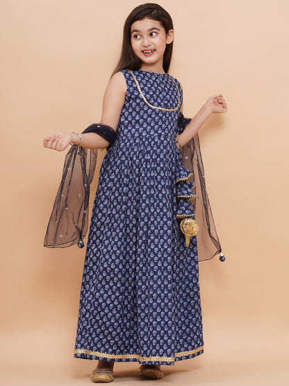 Printed Cotton Long Kurta with and Dupatta Blue