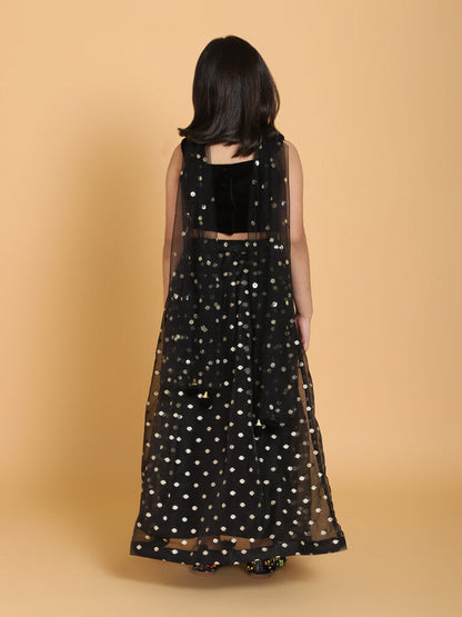 Piccolo - Black Velvet Choli &amp; Lehenga Set With Dupatta - Black
