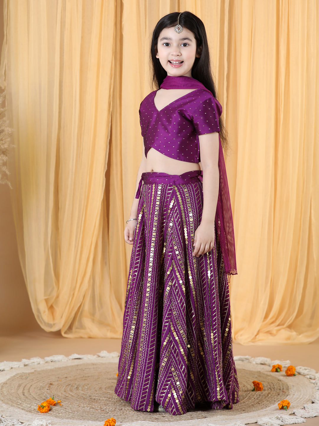 Girls Embellished Thread Work Ready to Wear Lehenga &amp; Blouse With Dupatta