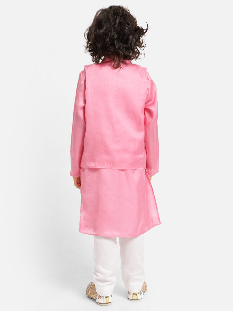 Piccolo Boy's Pink Kurta ,Waist Coat with handwork And White Pyjama set