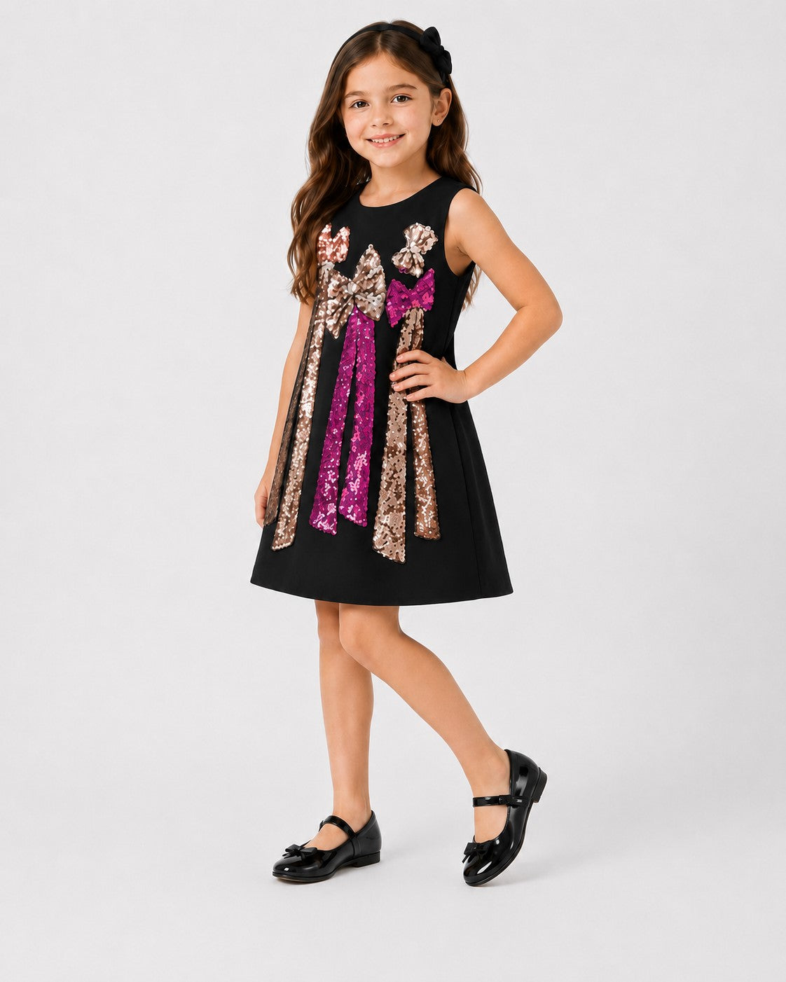 Piccolo Girls Black Sequin Bow A-Line Party Dress