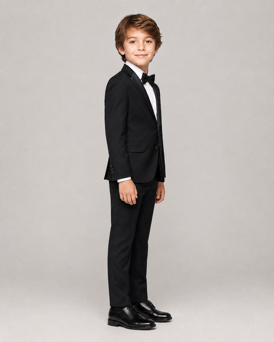Piccolo-Boys Classic Solid 3 Piece Party Wear Tuxedo Blazer Suit Set with Bow Tie-Black