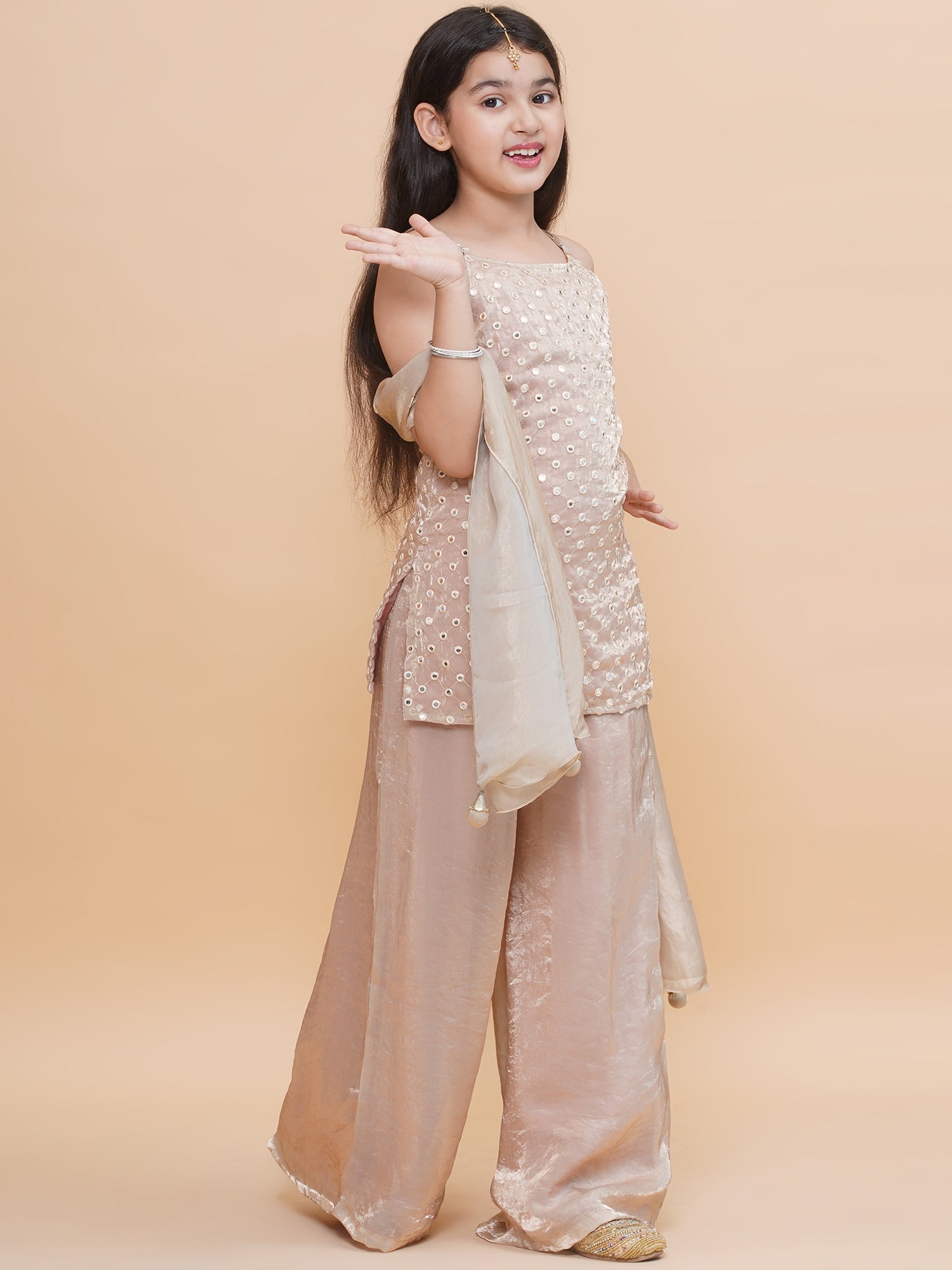 Piccolo Tissue Silk Mirror Work Kurta & Palazzo Set-Beige