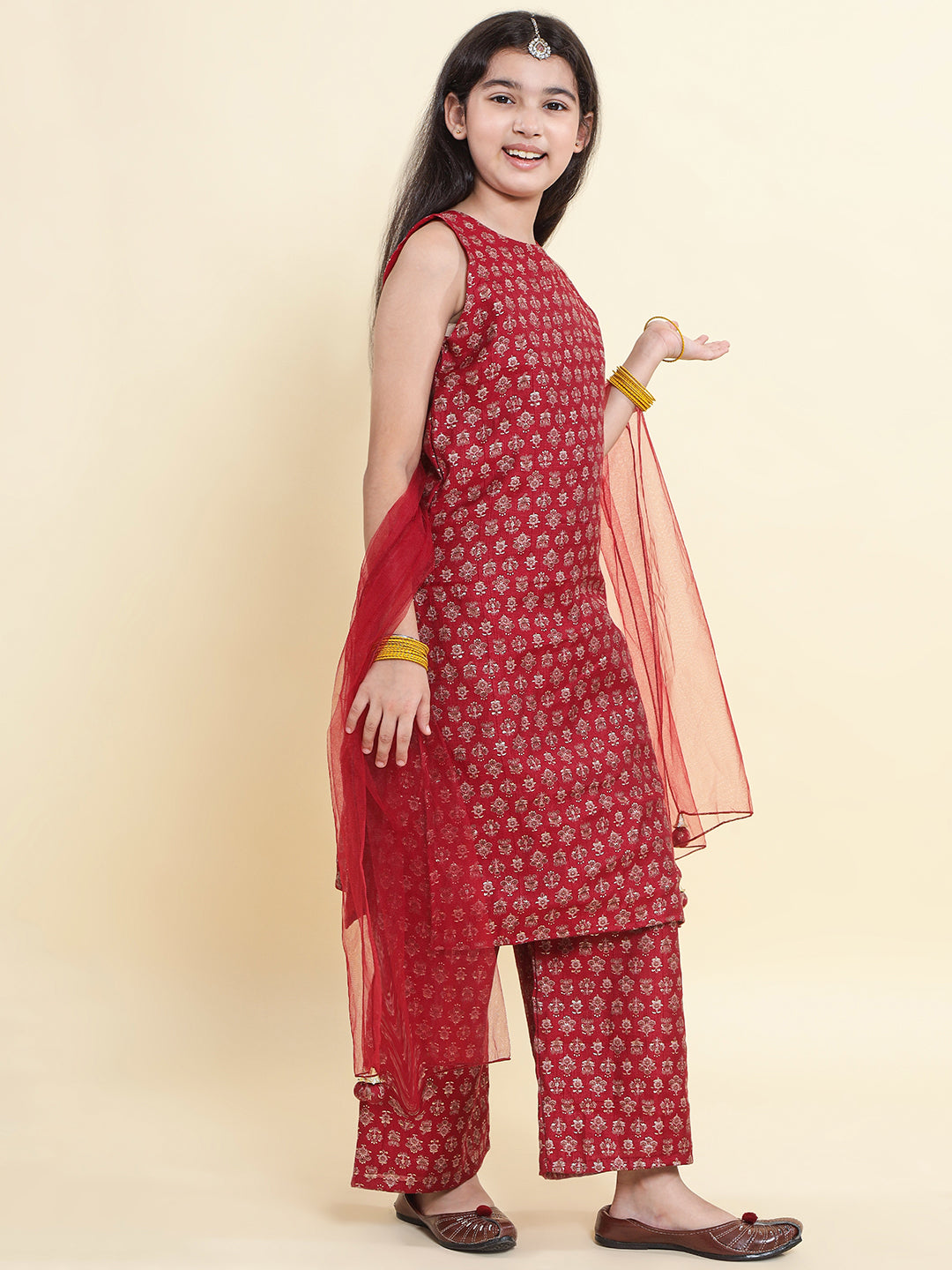 PICCOLO  Printed Kurti & Palazzo with Dupatta-Maroon