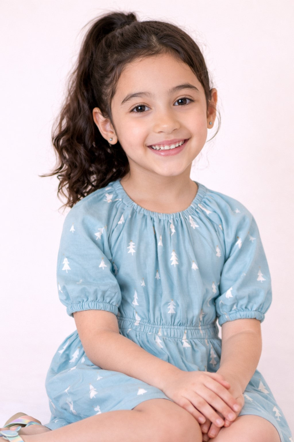 Girls Blue Christmas Tree Print Dress