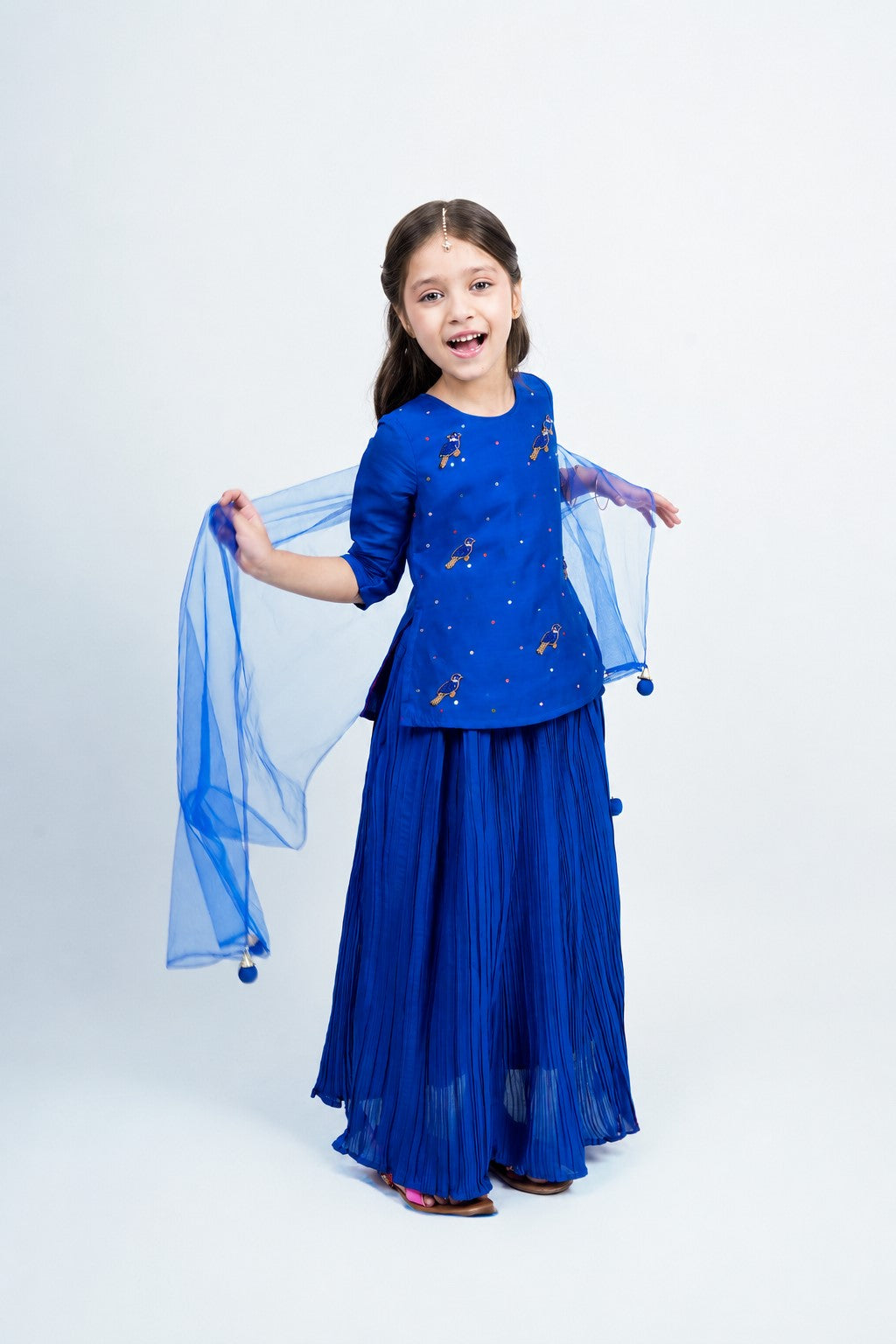 Piccolo Embellished Top, Pleated Lehenga & Net Dupatta Set-Royal Blue