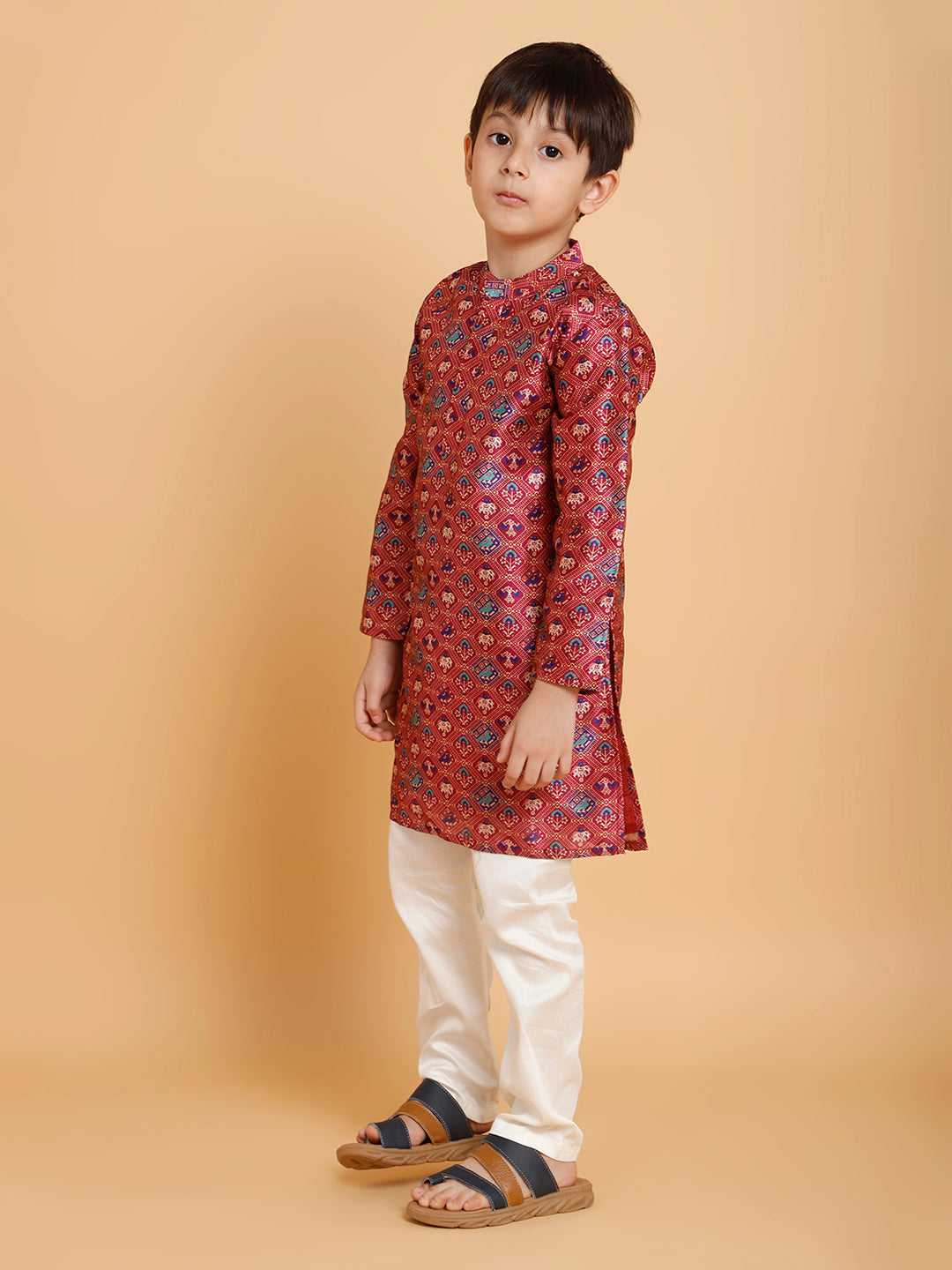 Boys Maroon Piccolo Silk Elephant-Print Kurta Pyjama Set