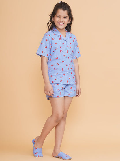 Girls Printed Blue Shirt and Shorts Night Suit With Slip Ons