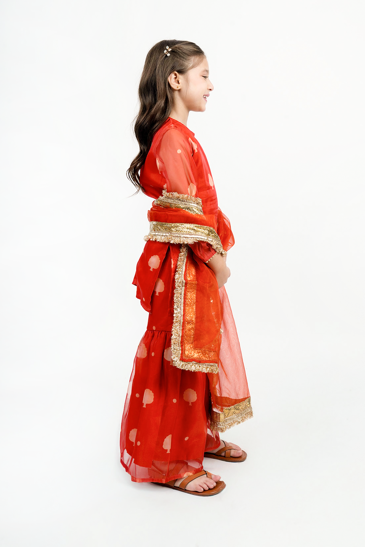 Piccolo Organza Printed Kurta, Sharara & Dupatta Set-Orange