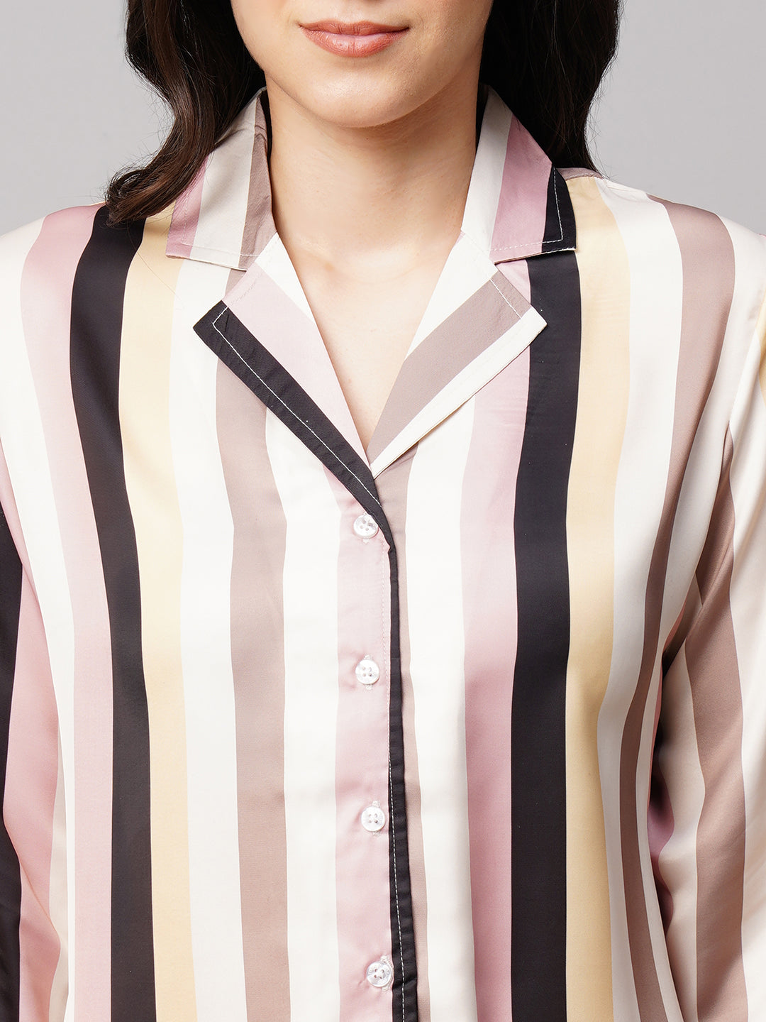 Women 2 Pieces Striped Satin Night suit
