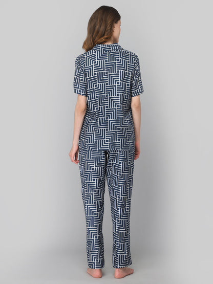 DRAPE IN VOGUE Women Navy Blue &amp; White Printed Night suit