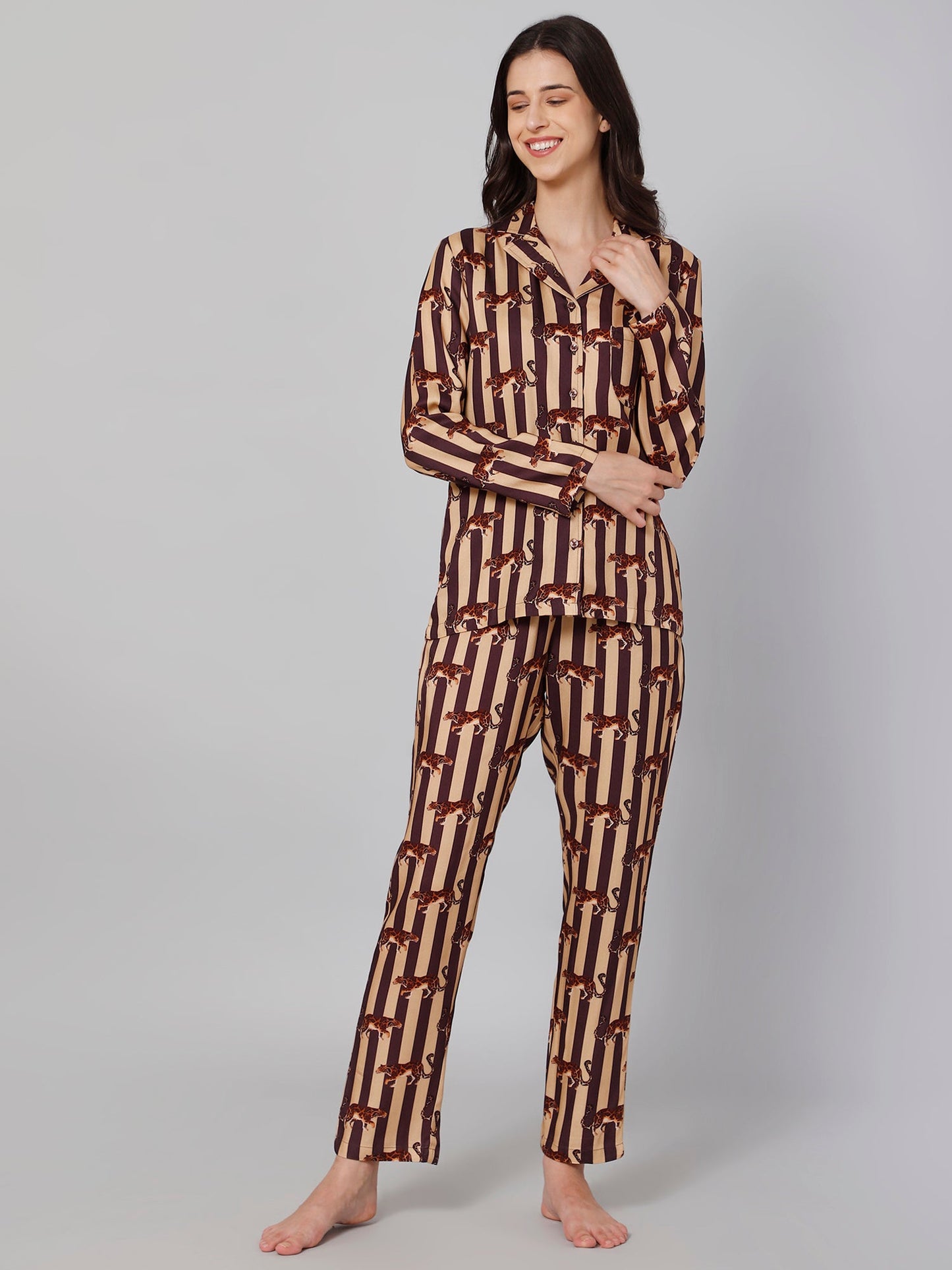 Women Brown &amp; Beige Striped Night suit