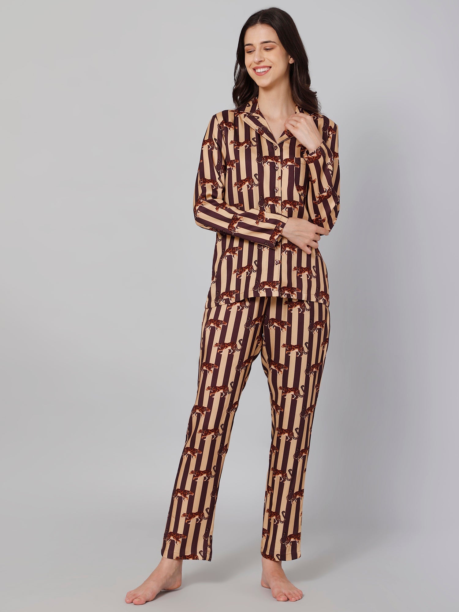 Women Brown &amp; Beige Striped Night suit