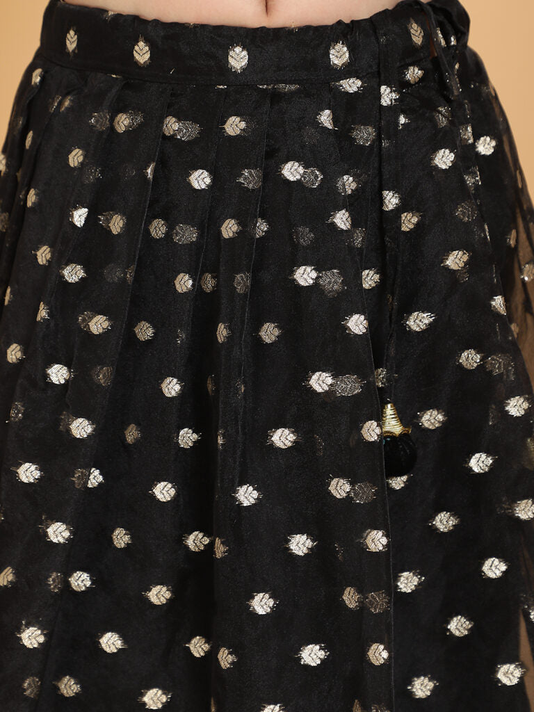 Piccolo - Black Velvet Choli &amp; Lehenga Set With Dupatta - Black