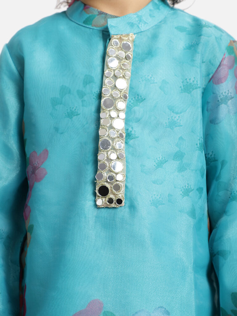Turquoise Green Floral Kurta Payjama Set