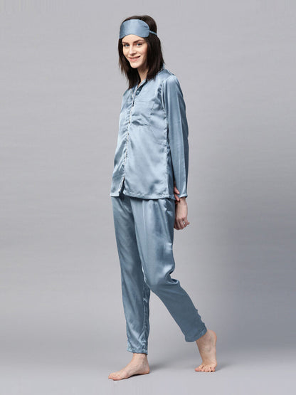 Women Blue Solid Night Suit With Eye Mask