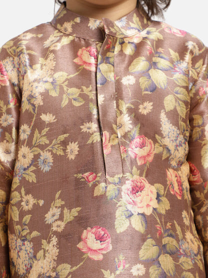 Brown Floral  Kurta And White Payjama Set