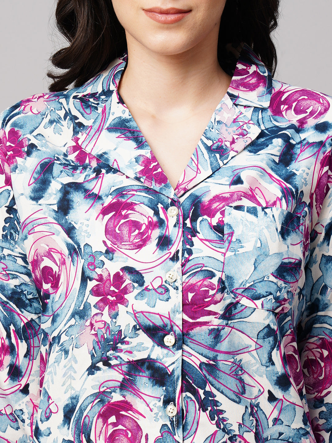 Women Floral Printed Lapel Collar 2 Piece Night suit