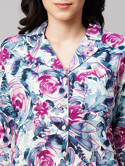 Women Floral Printed Lapel Collar 2 Piece Night suit