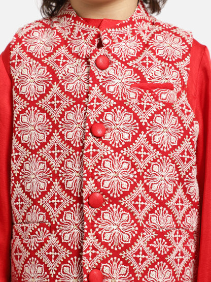 Red Kurta Payjama With Chikankari Asymetric WaistCoat