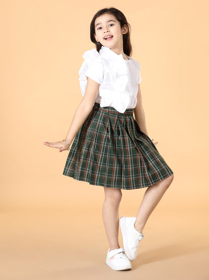 Girls Ruffled Top with Checked Skirt Set