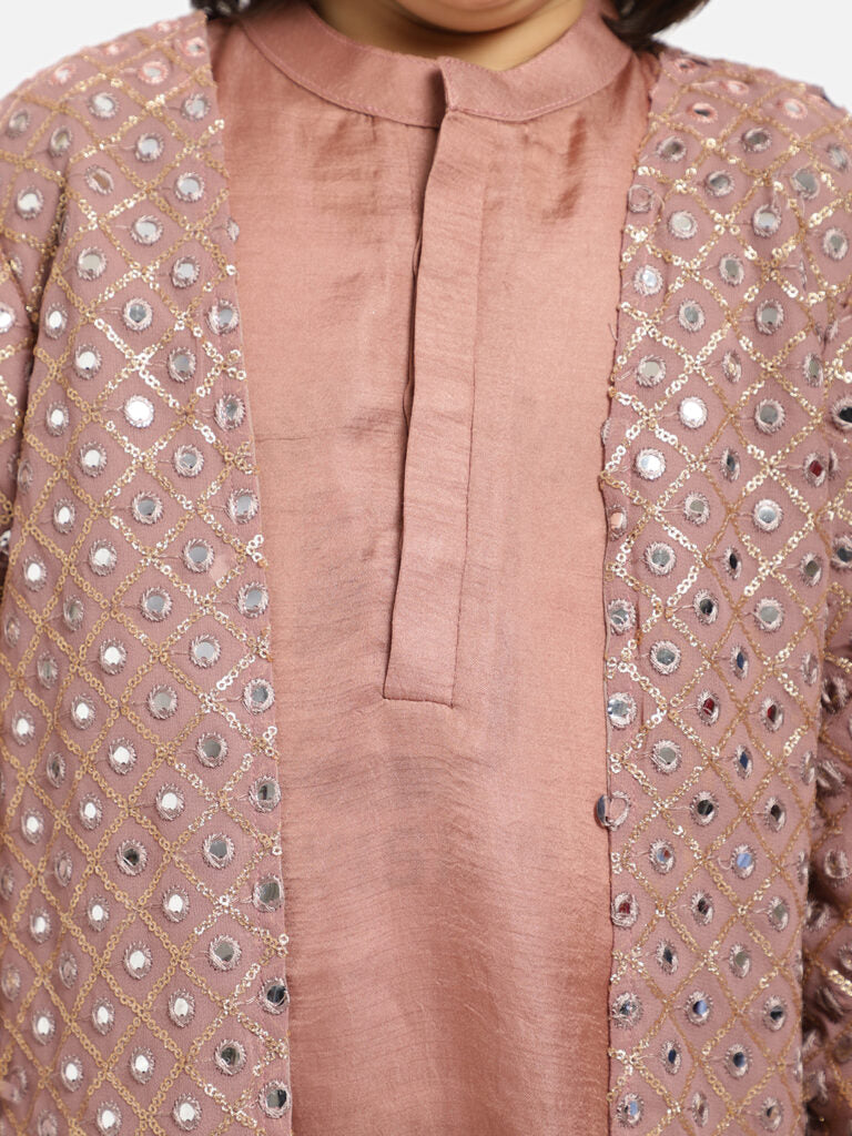 Mauve Kurta Pajama And Jacket Adorn With Mirror Work