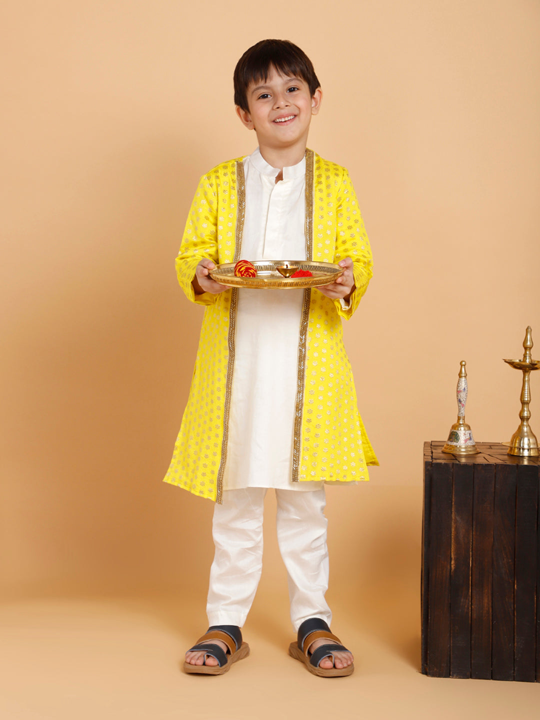 Cream Kurta Pyjama with Yellow Jacket (Set of 3)