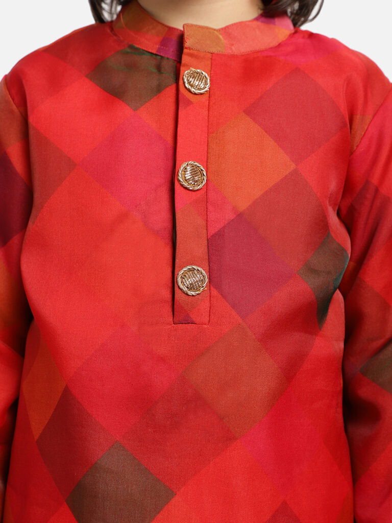 Red Bias Checks Print Kurta With White Payjama Set