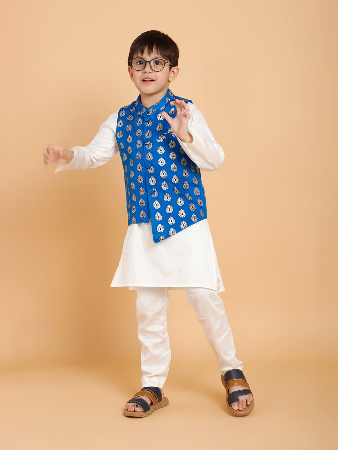 Cream Kurta Pyjama with Blue Jacket Printed (Set of 3)