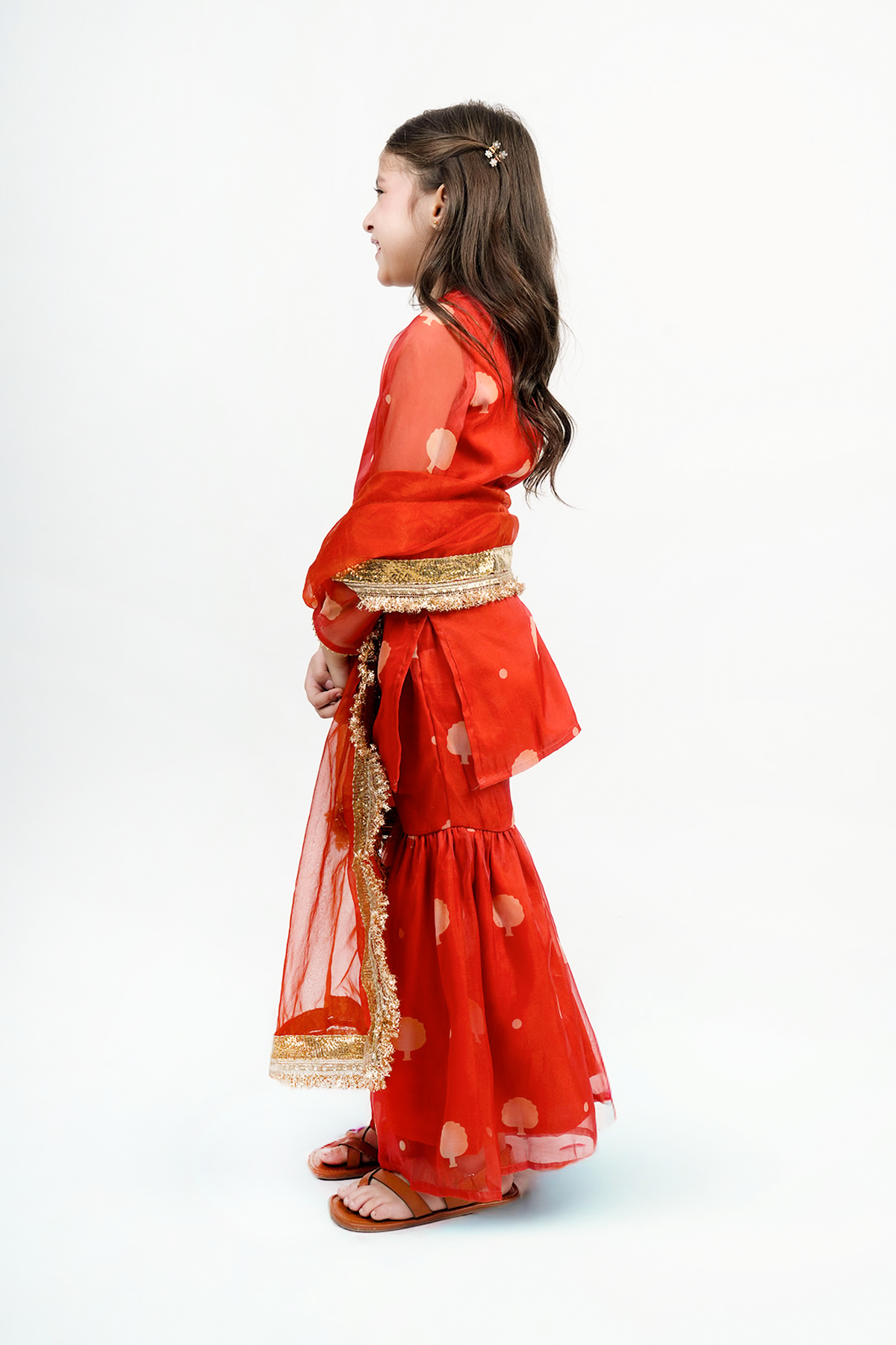 Piccolo Organza Printed Kurta, Sharara & Dupatta Set-Orange