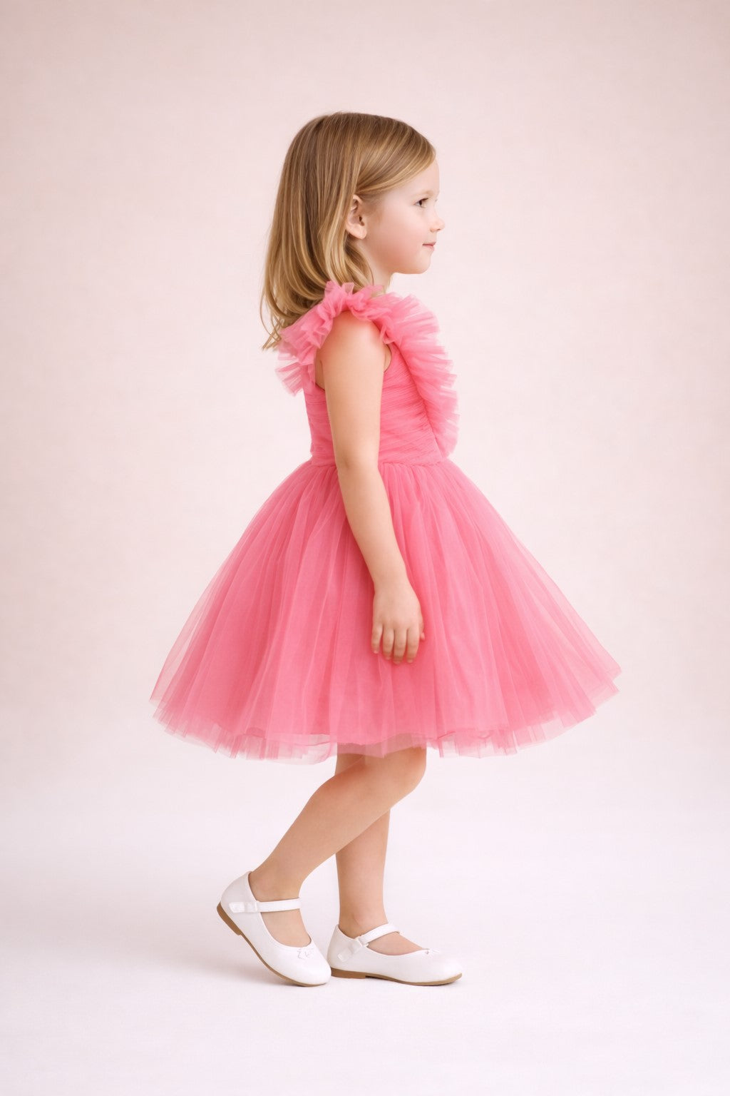 Piccolo Girls V-Neck Pleated Net Fit & Flare Dress -Peach