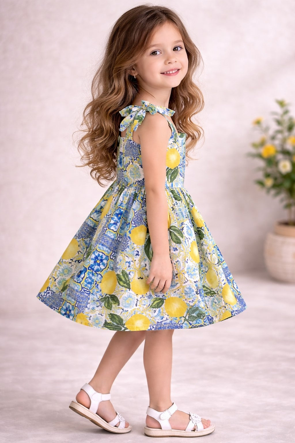 PICCOLO Shoulder Knot Lemon Printed Dress