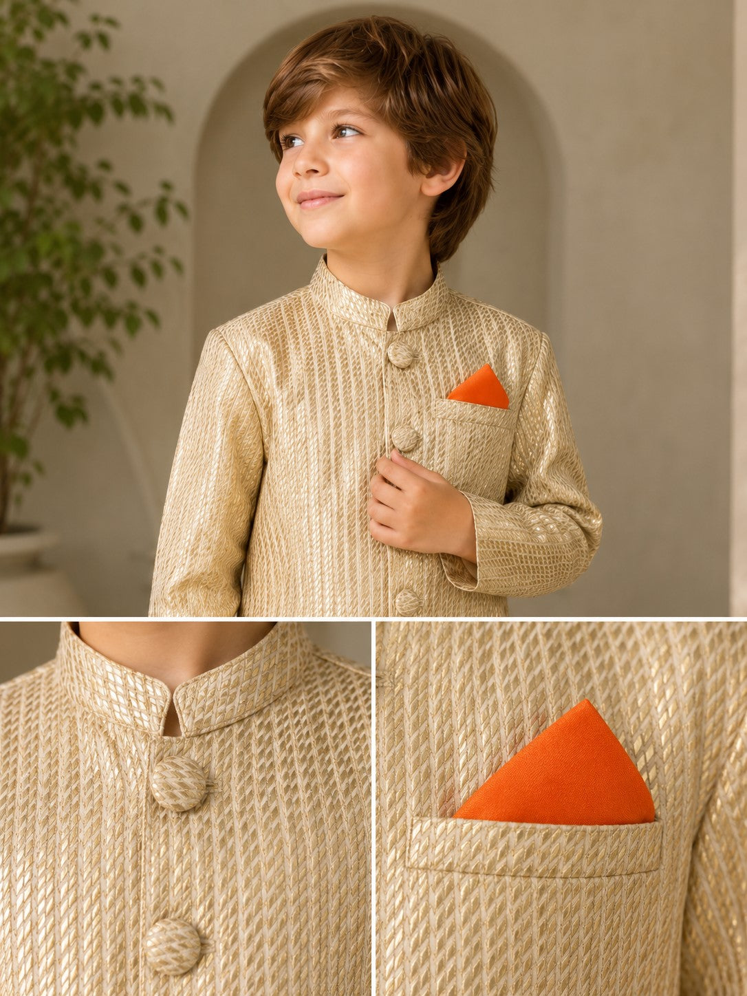Piccolo Boys Gold Jacquard Sherwani with Payjama  Set