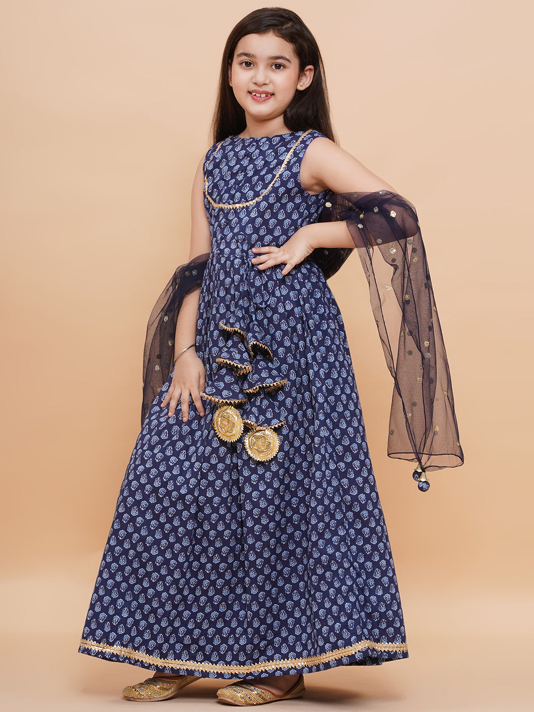 Printed Cotton Long Kurta with and Dupatta Blue