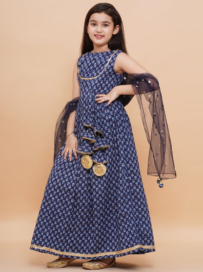 Printed Cotton Long Kurta with and Dupatta Blue