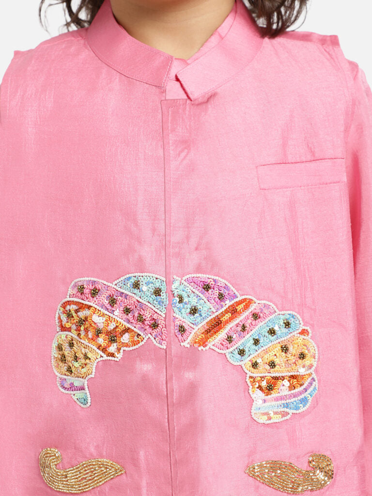 Piccolo Boy's Pink Kurta ,Waist Coat with handwork And White Pyjama set