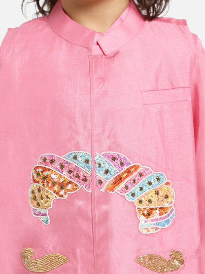 Piccolo Boy's Pink Kurta ,Waist Coat with handwork And White Pyjama set